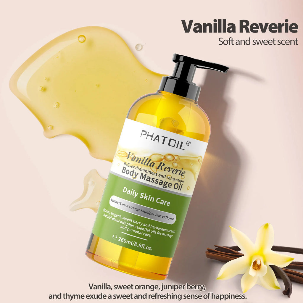PHATOIL 260ml Body Oil-Deeply Moisturizing & Soothing Massage Oil with Long-Lasting Fragrance Vanilla Ginger Rosemary Body Oils