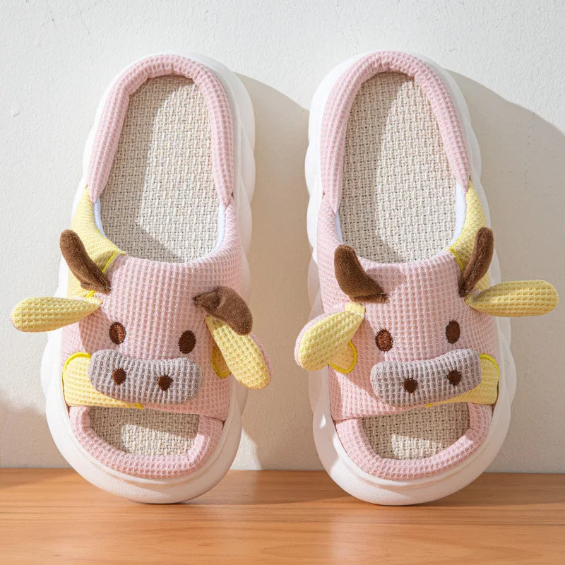 Winter Home Slippers for Couples Warm Plush Neutral Cartoon Cow Indoor Anti Slip Comfortable Cotton Slippers for Men and Women
