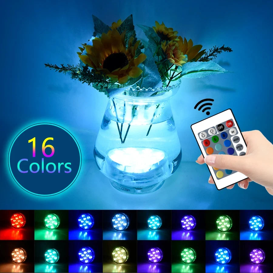 10 LEDs RGB Submersible Light Underwater Lamp Battery Operated Garden Swimming Pool Light for Wedding Party Aquarium Vase Bowl