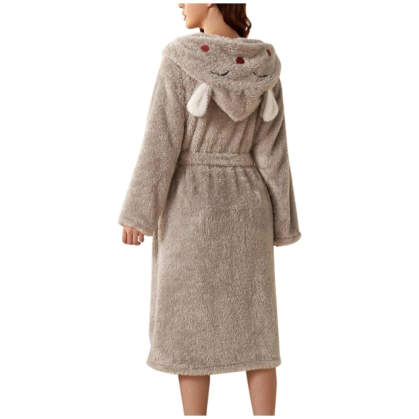 Women Winter Plush Night Robe Minimalist Solid Color With Rabbit Shaped Hooded Bring You Cozy Comfortable Thermal Experience