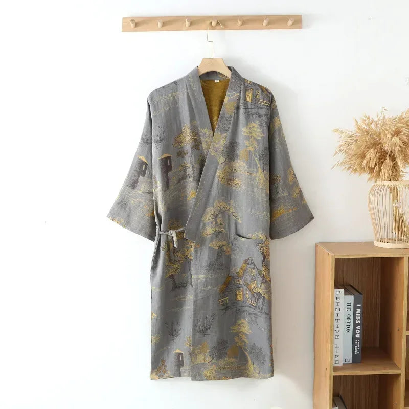Roomwear Cotton Kimono Pajamas Robes for Spring Jacquard Printed Home Men's Clothing Medium Length Oversized Breathable Bathrobe