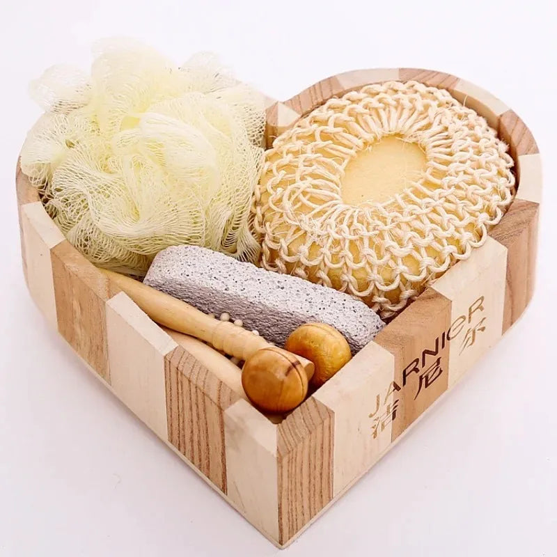 1 Set Spa Heart Shape Gift Box Bathing Skin Cleaning Kit Spa Gift For Women Sisal Bath Flower Kit Back Scrubber Gloves Massager