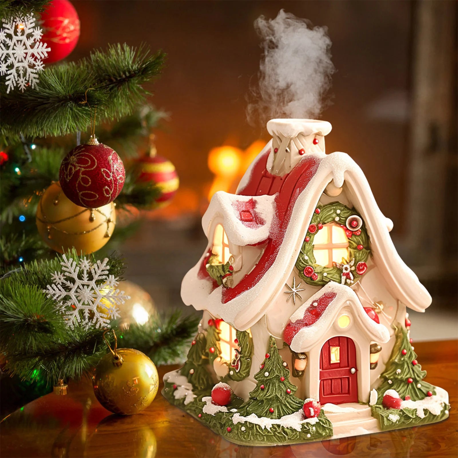 Resin Christmas Village House Winter Log Cabin Incense Burner Rustic Christmas Chimney Hut Incense Cones Room Decor