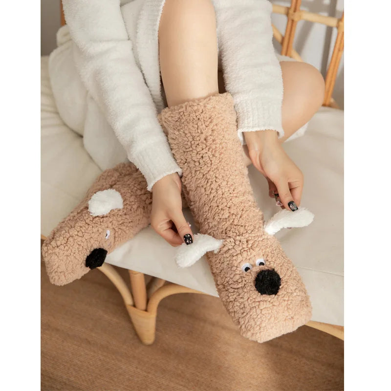 Women Non Slip Indoor Slipper Socks Fleece Lined Thick Warm Sleep Coral Velvet Home Floor Socks