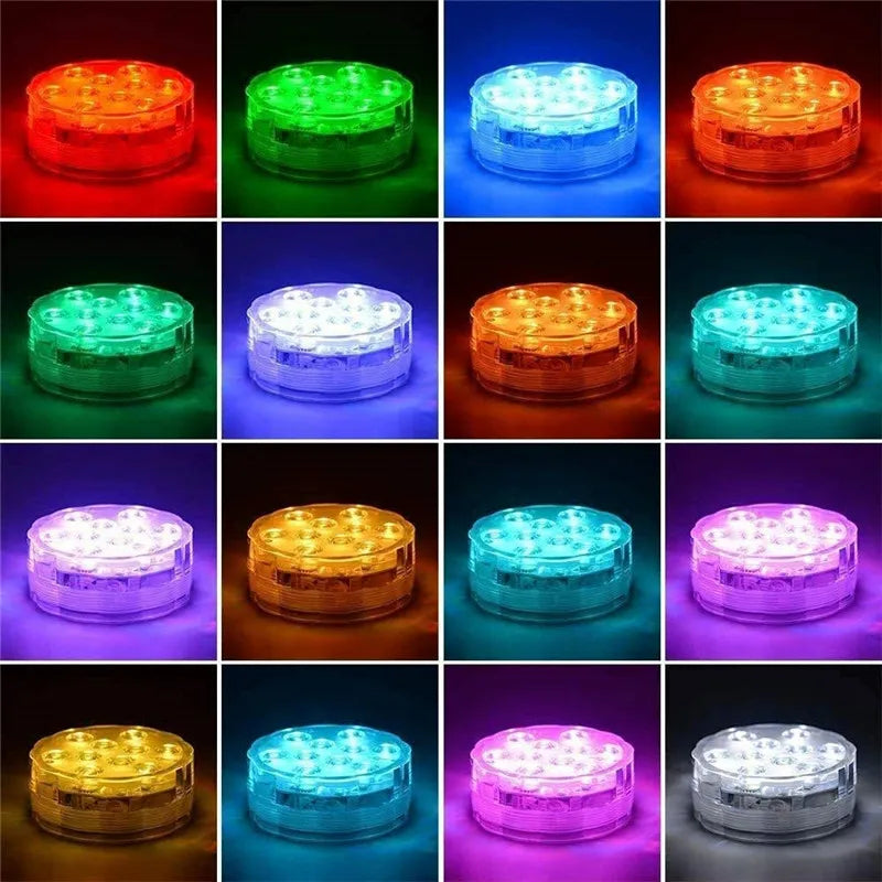10leds RGB Led Submersible Light Underwater Night Lamp Battery Operated Garden Swimming Pool Light for Wedding Party Vase Bowl
