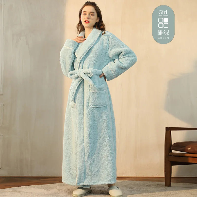 Women's Plush Double-Sided Cotton Fleece Bathrobe Cozy Shawl Collar Robe with Belt Soft Loungewear for Winter Stylish Plush Robe