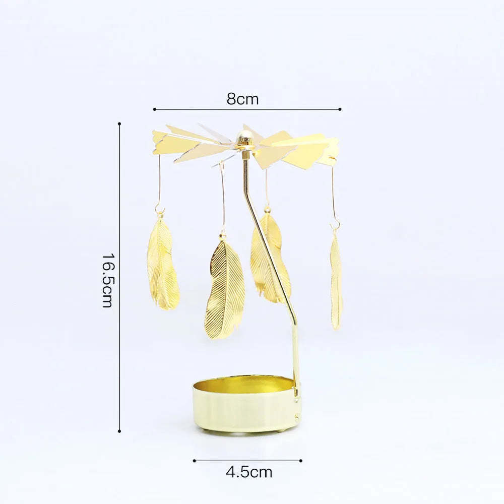 Rotating Candle Holder Metal Gold Christmas Present No Battery Heat Powered Spinning Carousel for Home Desk Counter Sweet Decor