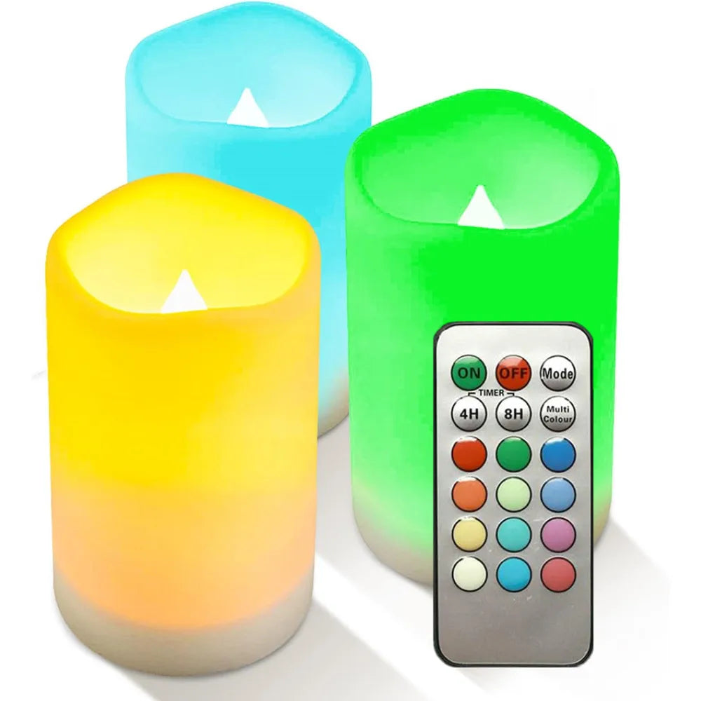 Flickering Flameless Candles with Remote Outdoor Indoor Multi Colored LED Pillar Candles for Festival Wedding Party Home Decor