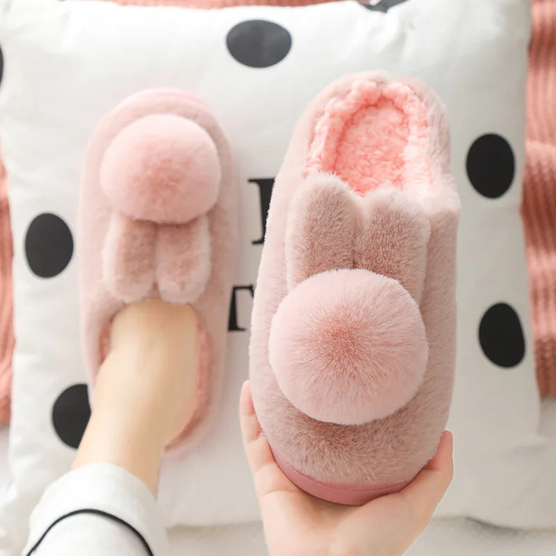 Cotton Slippers for Women with Rabbit Design Thick Soled Cold Proof Warm Indoor House Shoes Non Slip Comfort