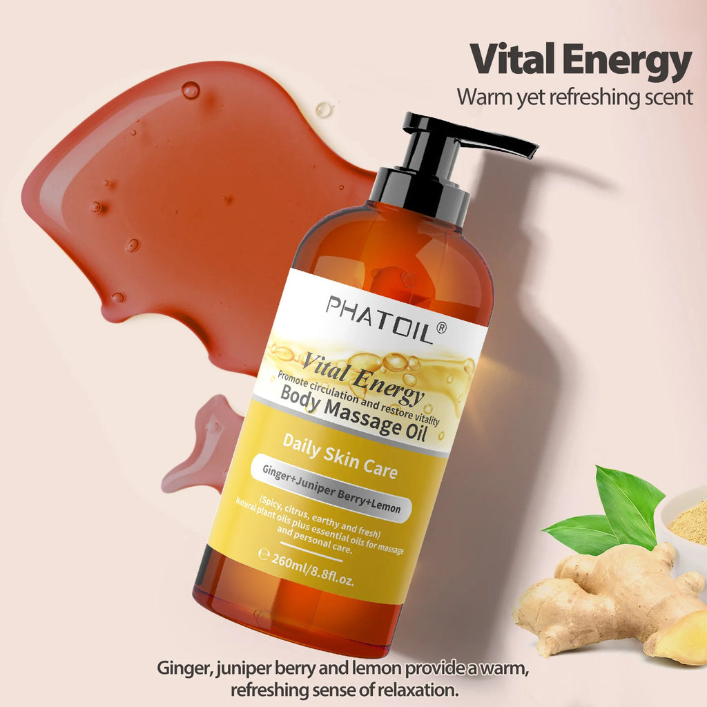 PHATOIL 260ml Body Oil-Deeply Moisturizing & Soothing Massage Oil with Long-Lasting Fragrance Vanilla Ginger Rosemary Body Oils