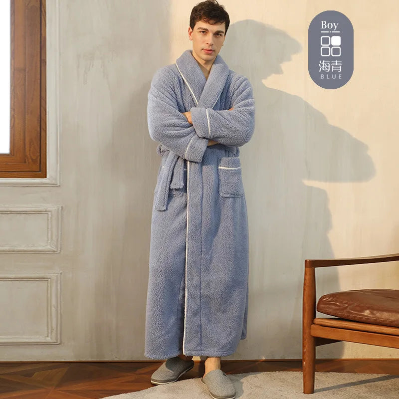 Men Plush Long Fleece Bathrobe Soft Terry Cloth Robe with Belt Multi-Color Cozy Loungewear for Unisex Warm Winter Sleep Robe