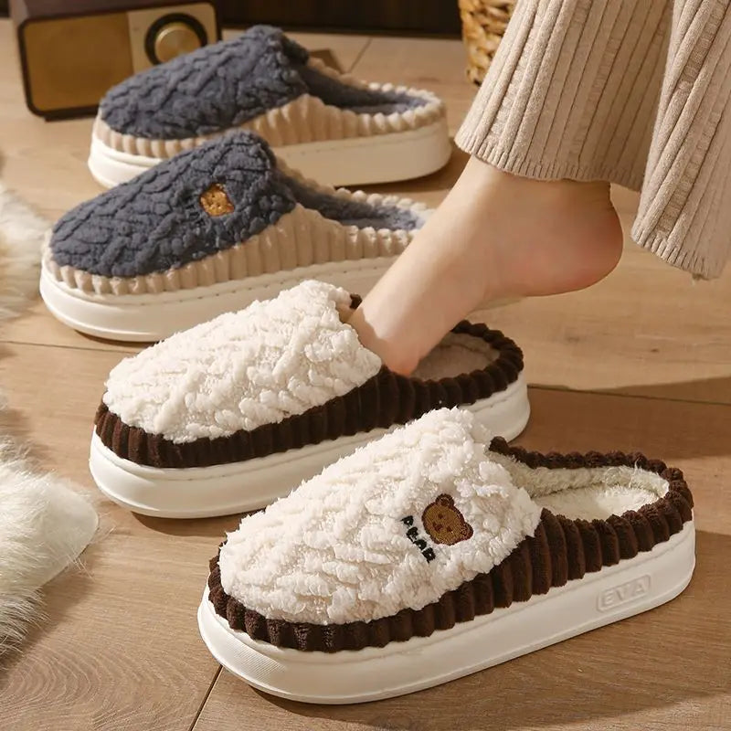 Winter Non Slip Thick Sole Furry Slippers for Couples Warmth Thermal Indoor Home Footwear Cozy Cotton Winter Shoes
