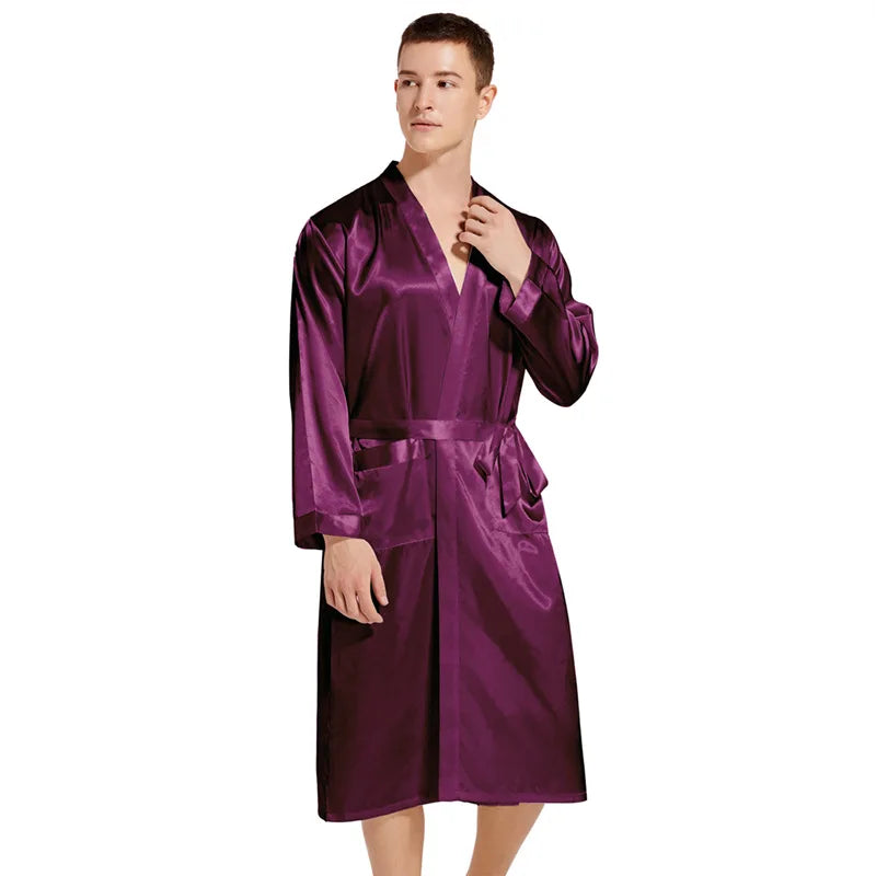 Men Long Bathrobe Sleepwear Navy Blue Silk Satin Bridegroom Wedding Robe Kimono Gown Spring Summer Home Clothes Loungewear