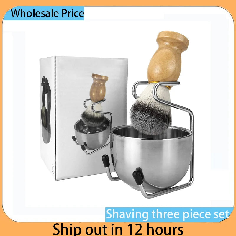 Mens Shaving Brush and Bowl Set, 3-in-1 Shaving Brush Kit Wood Handle with Stainless Steel Shaving Bowl & Brush Standas