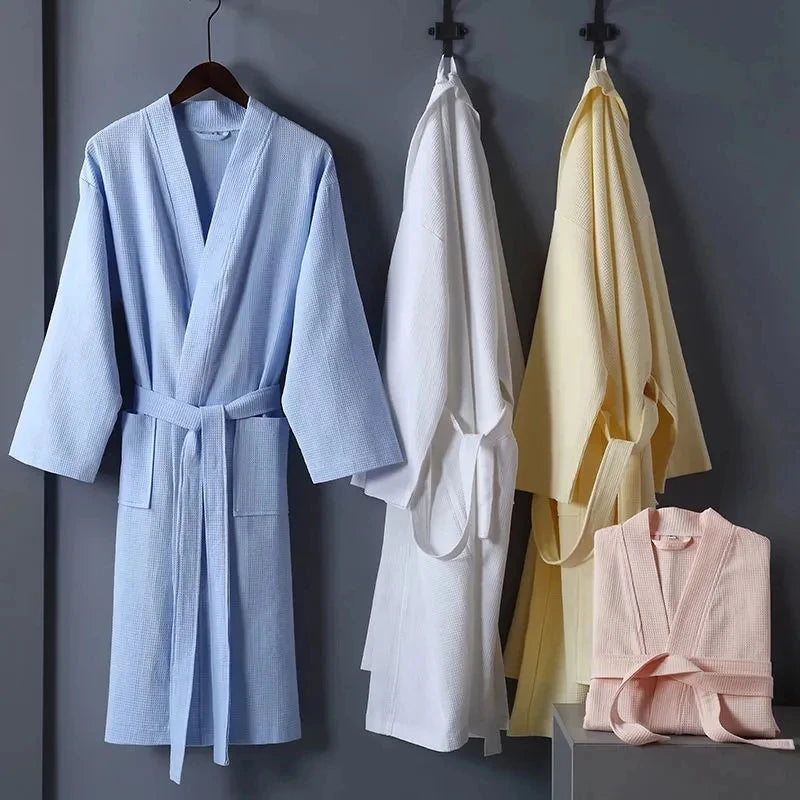 Women Towel Bathrobe 100%Cotton Long Thick Absorbent Terry Bath Robe Kimono Men LightWeight Waffle Solid Dressing Gown Sleepwear