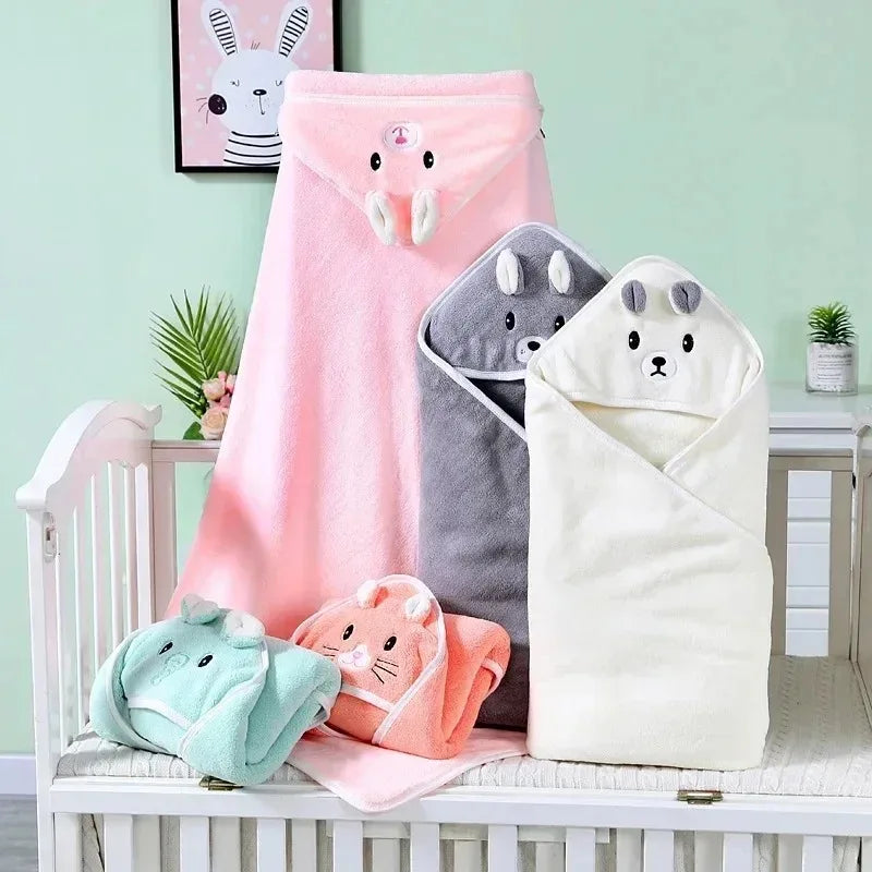 -Toddler Bathrobe Infant Bath Towel Boy Girl Blankets Swaddle With Hood Cartoon Coral Fleece Towel Blanket Newborn Kids Bedding