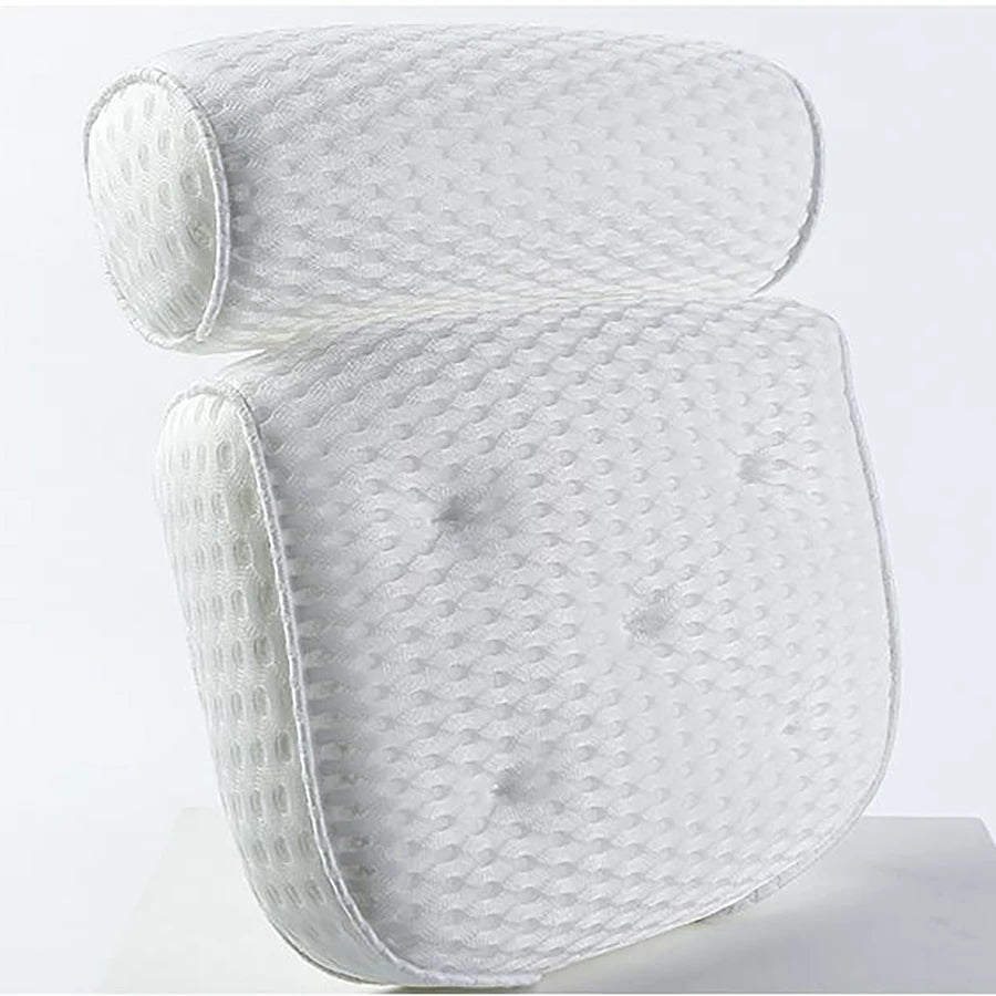 Bath pillow with 4D breathable mesh and 7 suction cups to help support the head, back, shoulders and neck, suitable for all bath