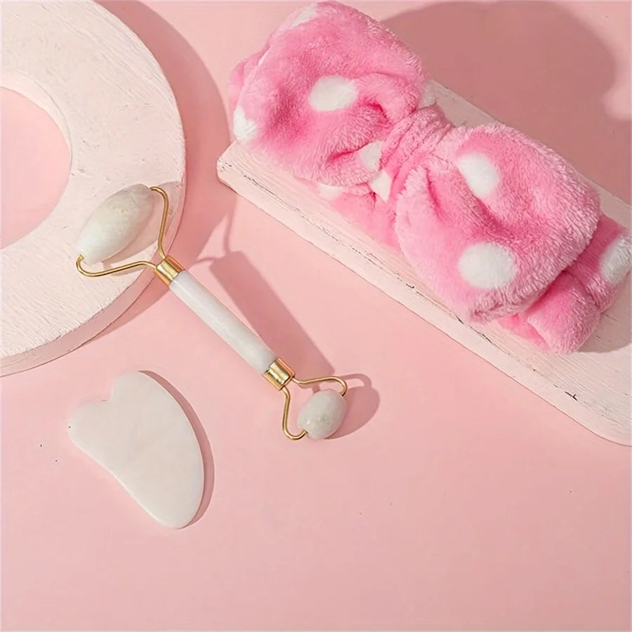 3 Pieces Beauty Tools Set with Gift Box Jade Roller Spa Headband and Gua Sha Board Girls Beauty Gift
