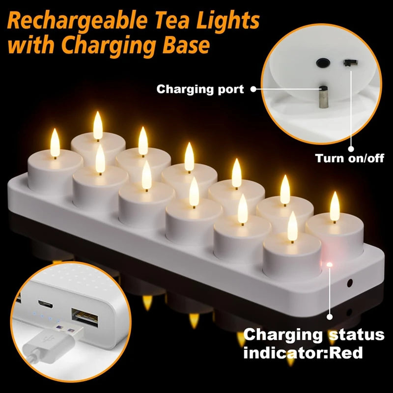 2025 Trendrechargeable Tea Lights Candles, 12 Pcs Rechargeable Candles With Remote Charging Base, LED Flameless Candles