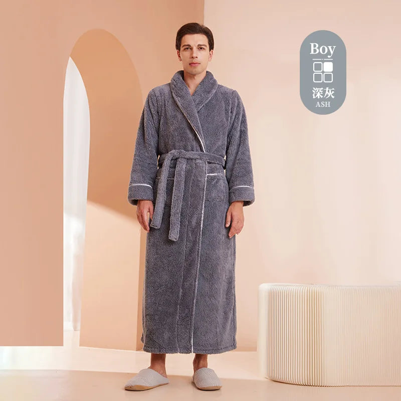 Men Plush Long Fleece Bathrobe Soft Terry Cloth Robe with Belt Multi-Color Cozy Loungewear for Unisex Warm Winter Sleep Robe