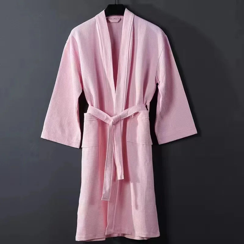 Women Towel Bathrobe 100%Cotton Long Thick Absorbent Terry Bath Robe Kimono Men LightWeight Waffle Solid Dressing Gown Sleepwear