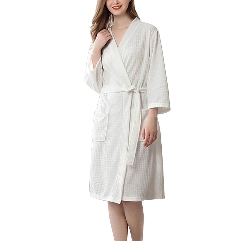 Women Water Absorption Bath Robe Solid Waffle Bathrobe Spa Home Dress Nightgown