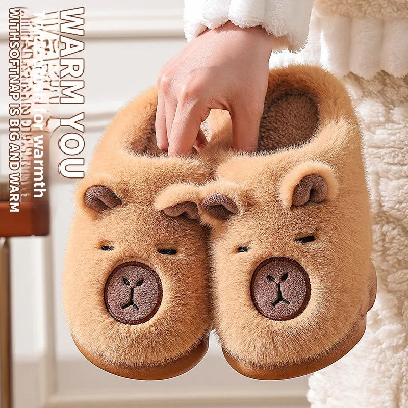 Winter Home Slippers for Couples Warm Plush Neutral Cartoon Cow Indoor Anti Slip Comfortable Cotton Slippers for Men and Women