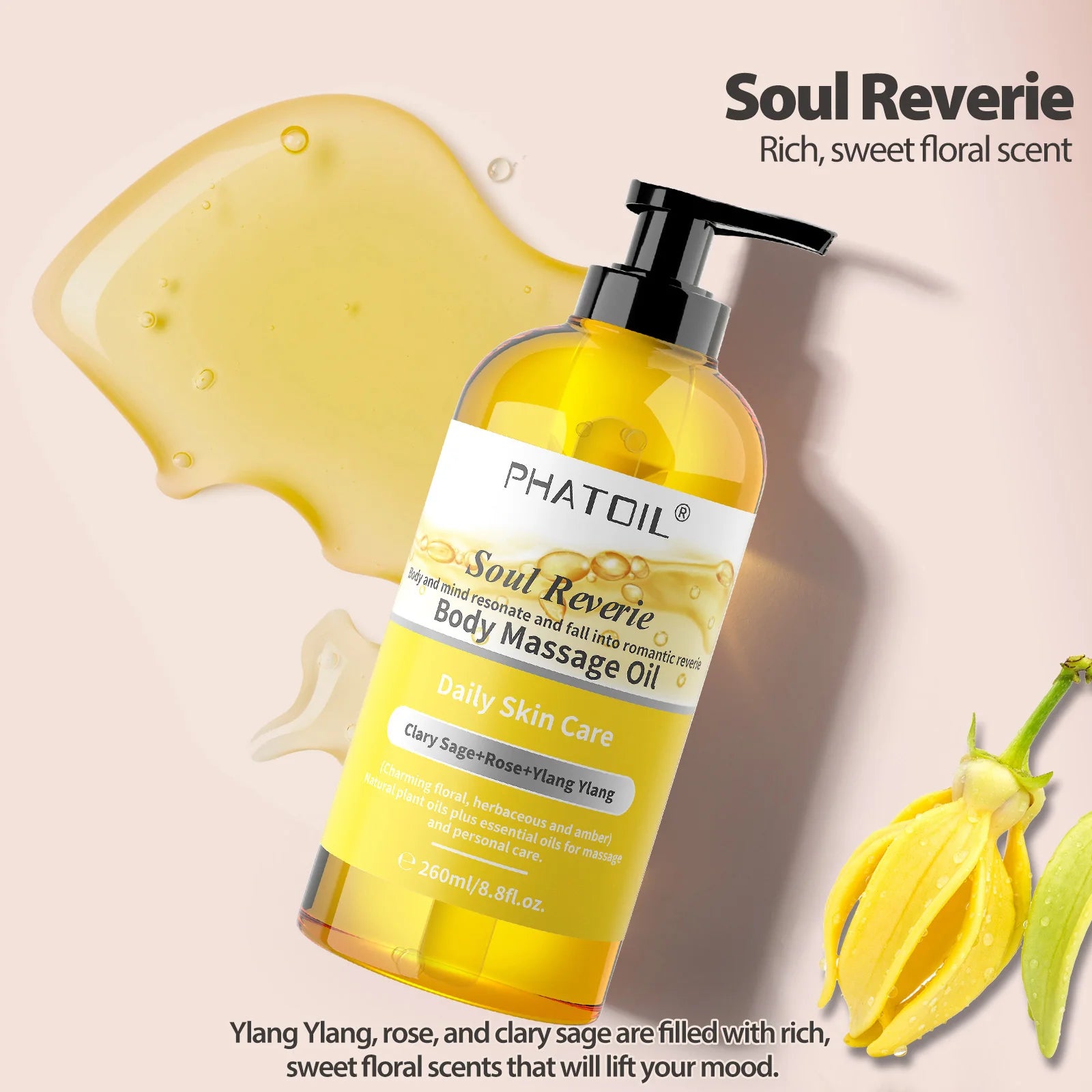 PHATOIL 260ml Body Oil-Deeply Moisturizing & Soothing Massage Oil with Long-Lasting Fragrance Vanilla Ginger Rosemary Body Oils