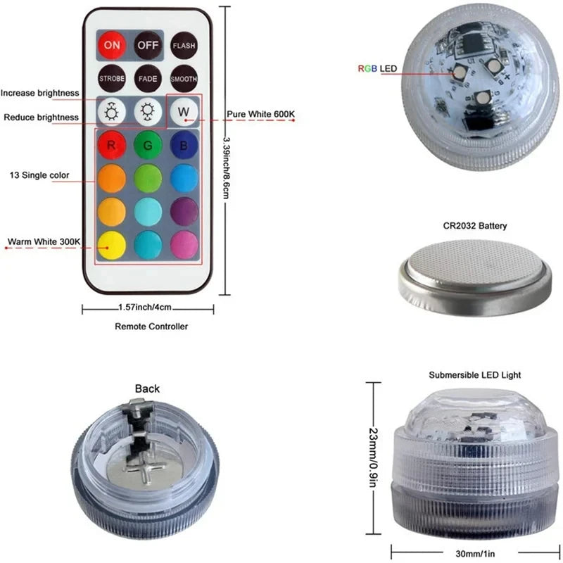 10 LEDs Submersible Light with Remote Control Battery Powered Underwater Night Lamp for Pool Vase Bowl Wedding Party Decoration