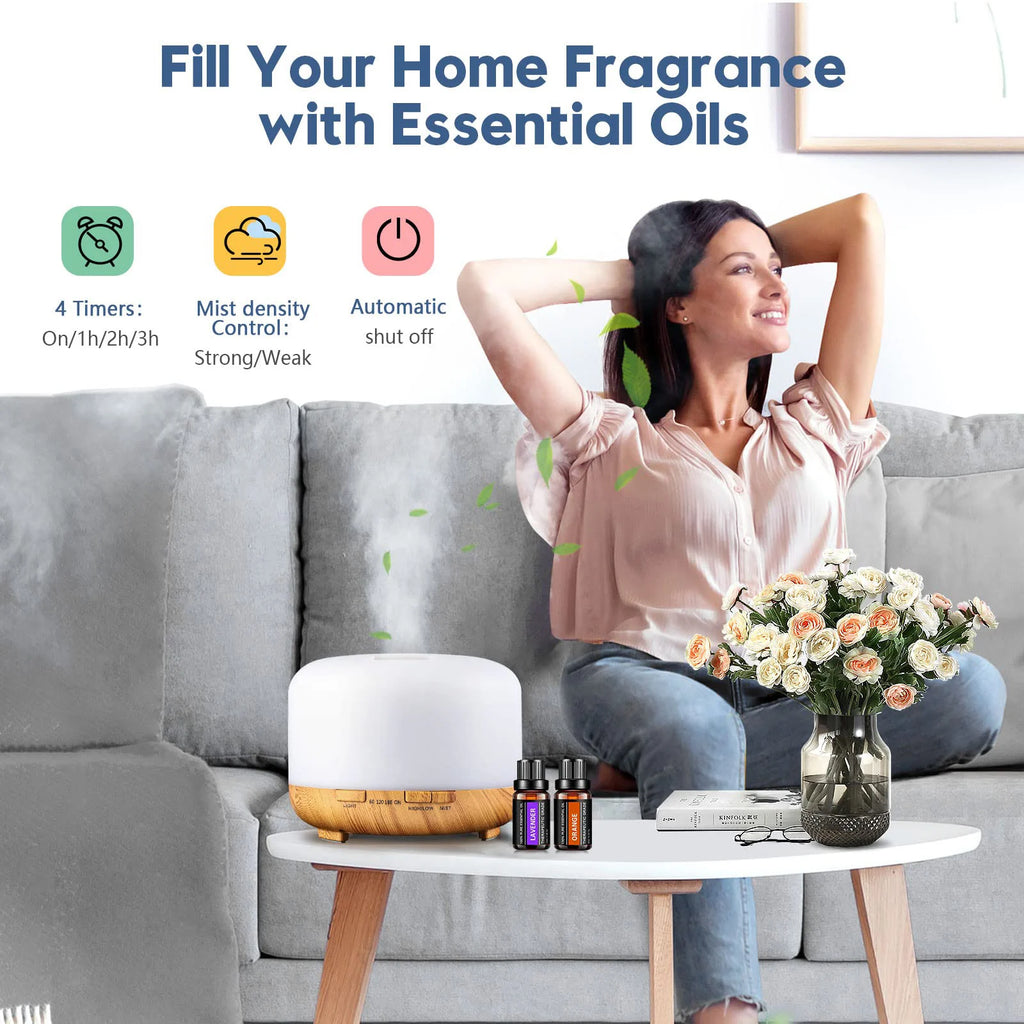 500ML Aroma Diffuser (6 Oils Optional), 5V 2A Essential Oil Aromatherapy Diffuser Humidifier with Remote Control