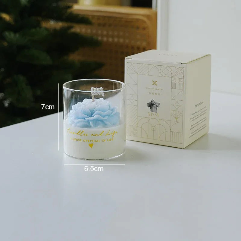 Handmade Peony Flower Glass Cup Scented Candle Aromatherapy Soy Wax Candles Wedding Birthday Candle Party Home Decoration