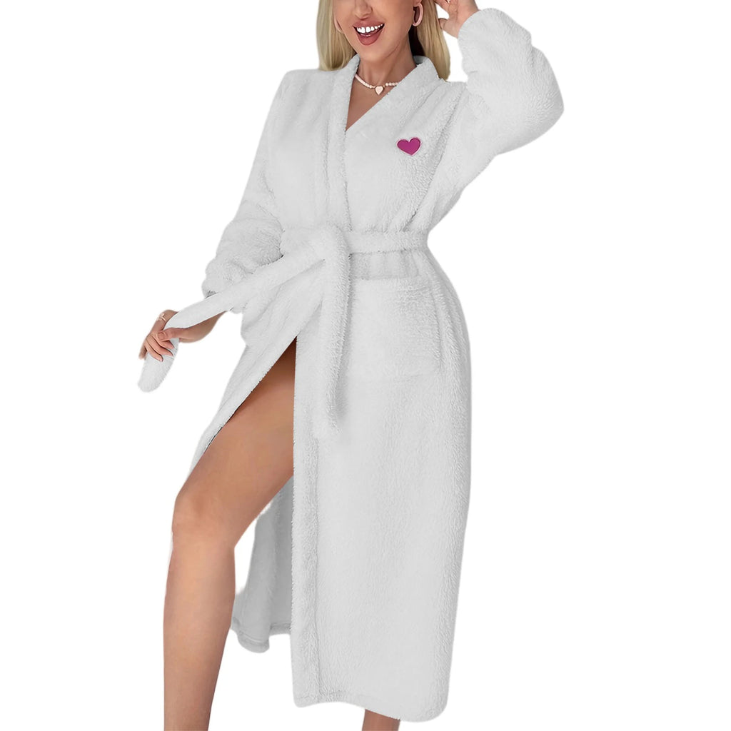 Women's Solid Color Waist Tied Robe Long Sleeve Winter Warm Bathrobe Home Wear Plush Soft Pajamas Home Nightgown