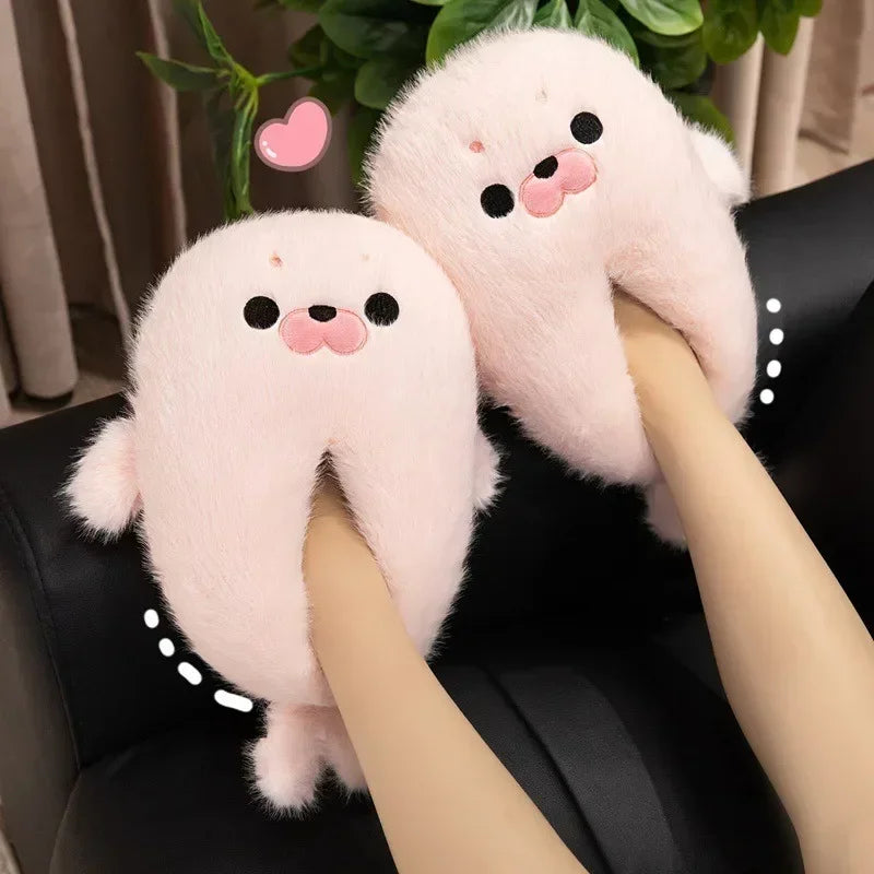 Winter Home Slippers for Couples Warm Plush Neutral Cartoon Seal Indoor Anti Slip Comfortable Cotton Slippers for Men and Women