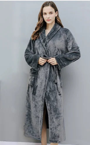 Women Men Flannel Bath Robe Sleepwear 2022 Autumn Winter Extra Long Home Dressing Gown Plush Couple Bathrobe Thick Warm Robes