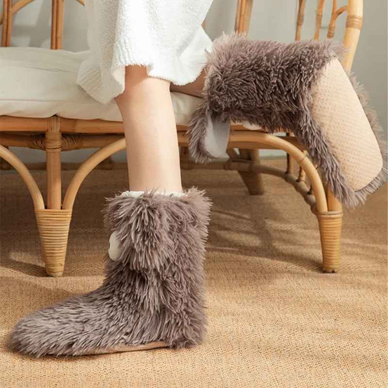 Soft Big Eyes Slipper Socks with Puppy Ears Mid-Calf Cartoon Non-slip Floor Socks Thickened Warm Coral Fleece Socks Winter
