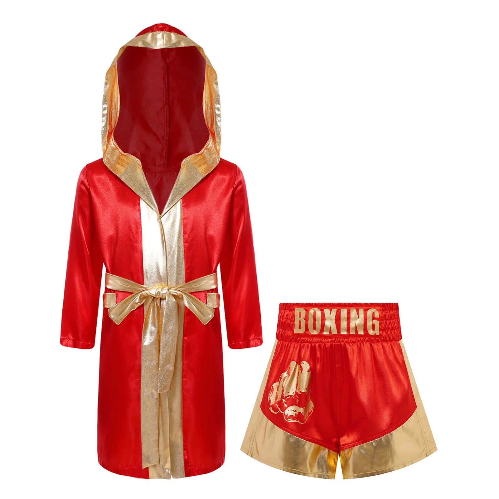 Kids Boxing Robe Outfits Cosplay Costume Metallic Trim Satin Belted Robe Kickboxing Hooded Cloak with Shorts for Halloween Party