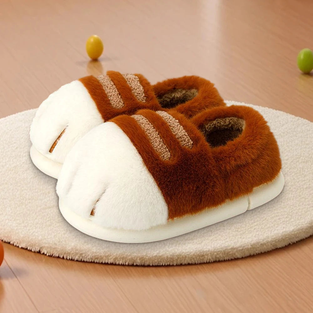 Warm Slip-on House Shoes 3D Cat Paw Plush Slippers Furry Paw Couple Slippers Anti Slip Flat Thermal Slippers for Indoor Bedroom