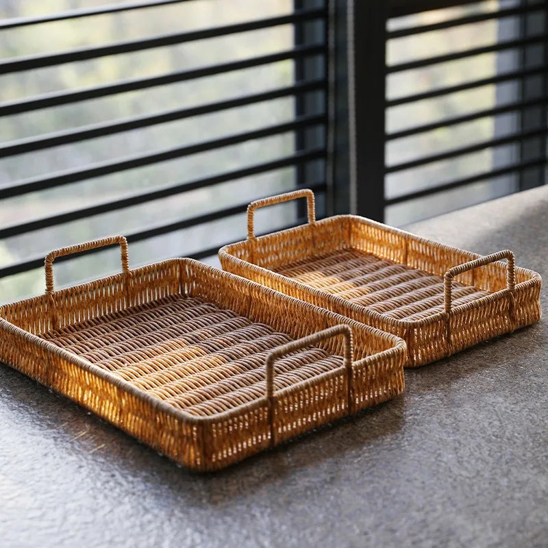European Tea Tray Imitation Rattan Woven Fruit Tray Afternoon Tea Tray Simple Coffee Table Kitchen Household Storage Tray
