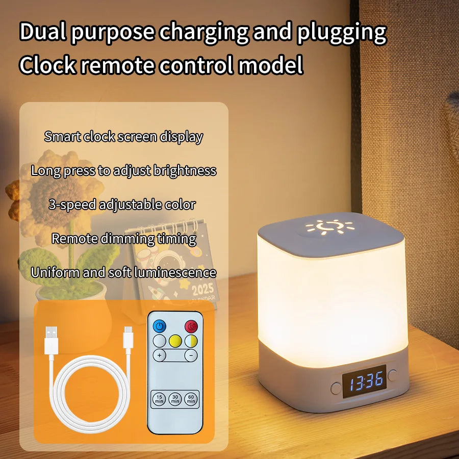 Portable Led Night Light with Clock Time Display Rechargeable Touch Table Lamp for Bedroom Bedside Reading and Home Decor