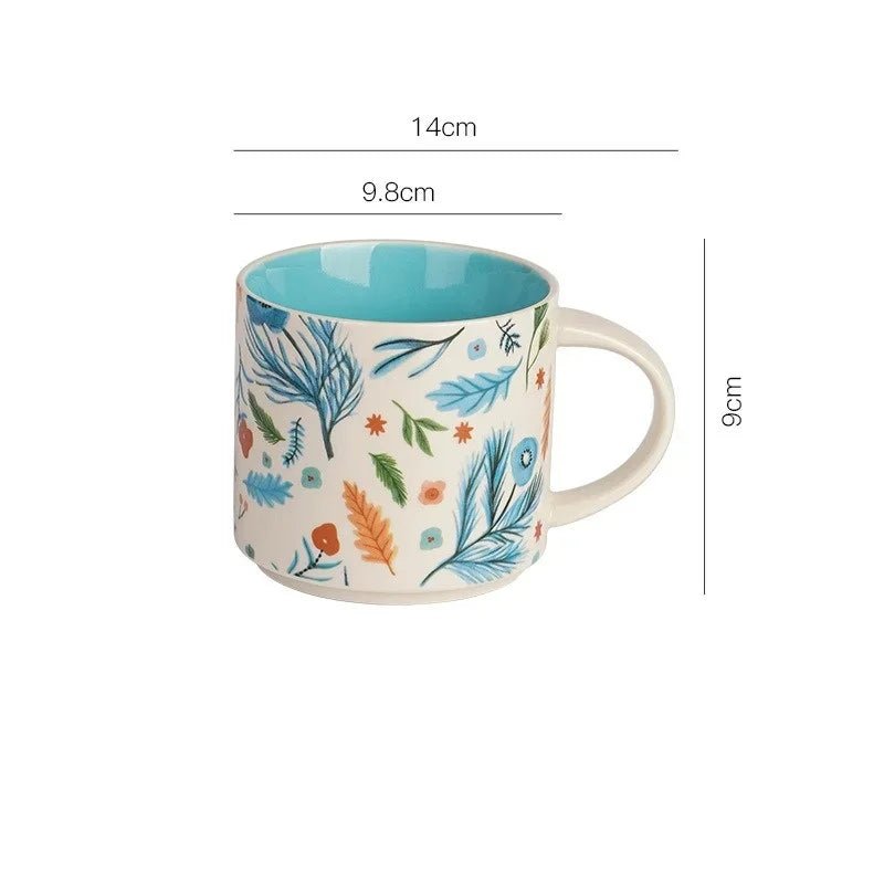 Floral Glaze Ceramic Mug 450ml Flower Bird Coffee Tea Cup Household Large Capacity Breakfast Mugs Business Gift Mugs Coffee Cups