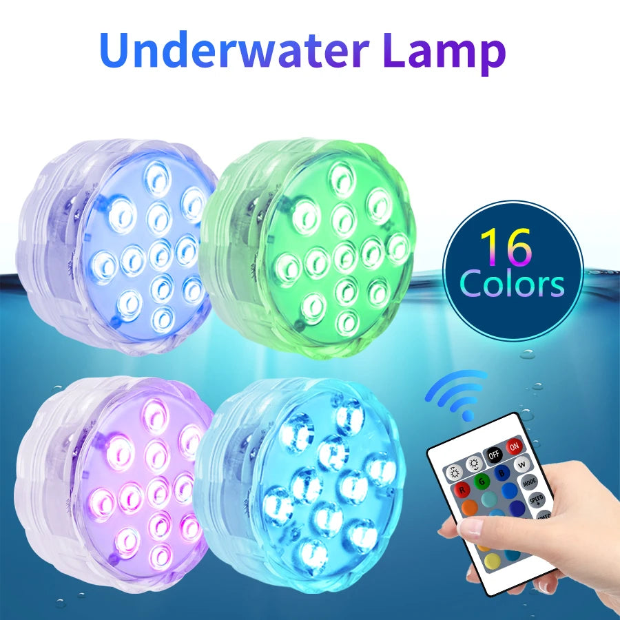 10 LEDs RGB Submersible Light Underwater Lamp Battery Operated Garden Swimming Pool Light for Wedding Party Aquarium Vase Bowl