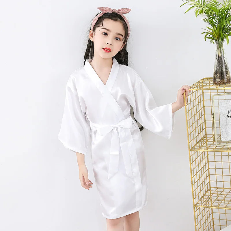 Baby Kids Silk Satin Robe Spring Summer Pajamas Short Bathrobe For Boys Girls Home Clothes Children Wedding Kimono Party Gifts