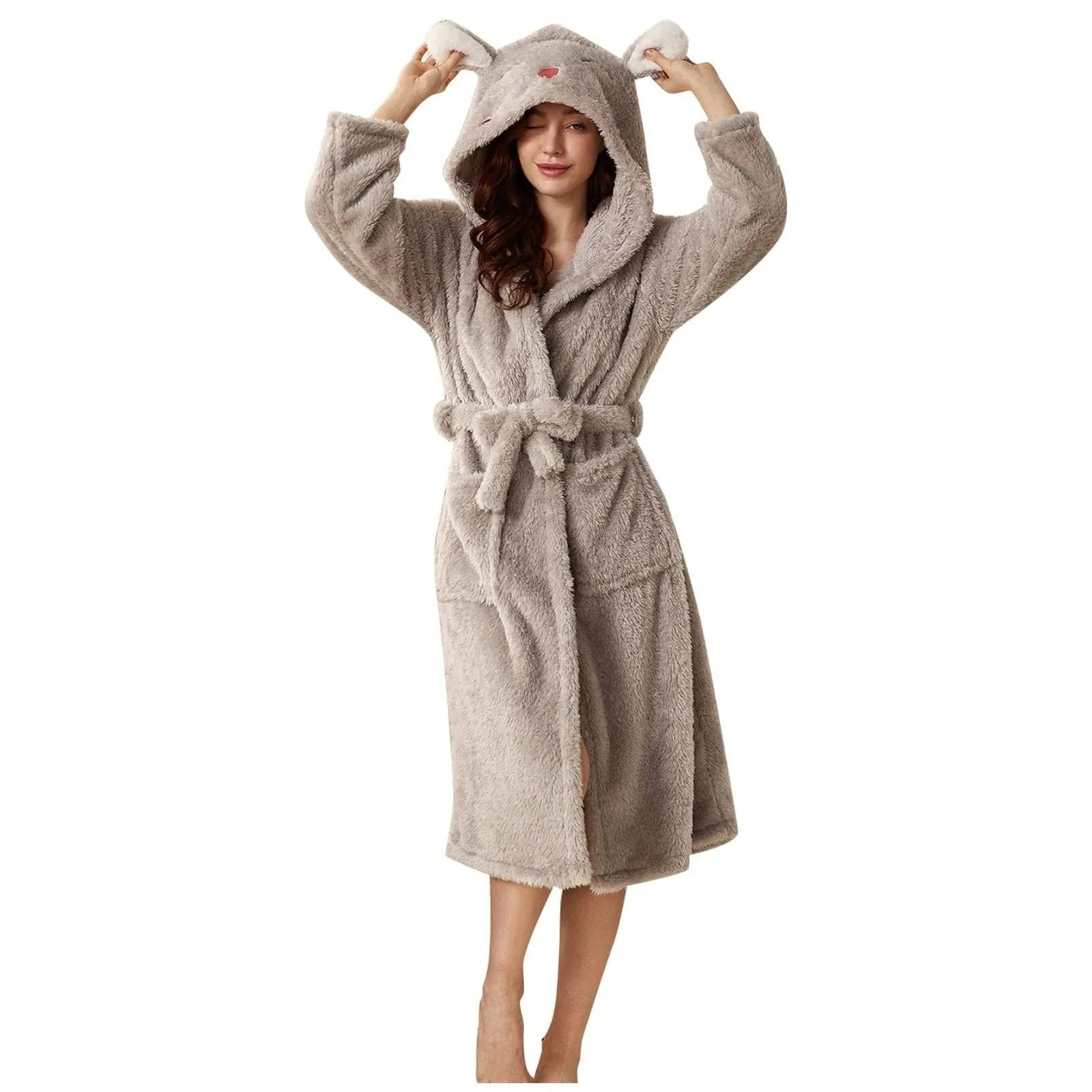 Women Winter Plush Night Robe Minimalist Solid Color With Rabbit Shaped Hooded Bring You Cozy Comfortable Thermal Experience