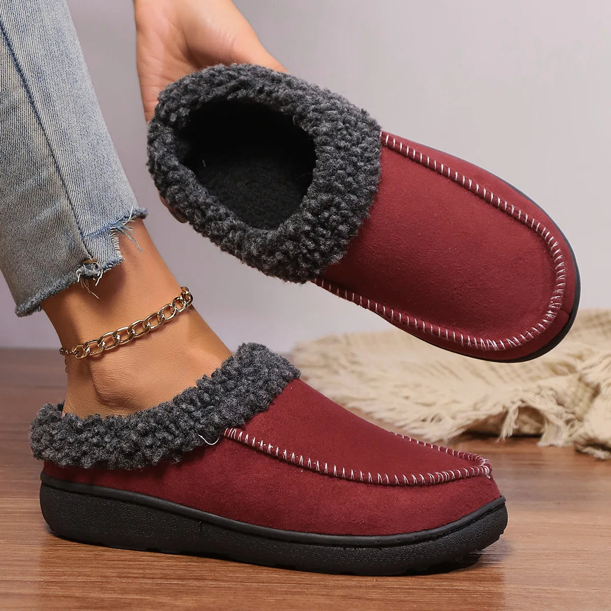 Plush Winter Corduroy Slide Slippers for Men & Women – Warm Indoor House Shoes