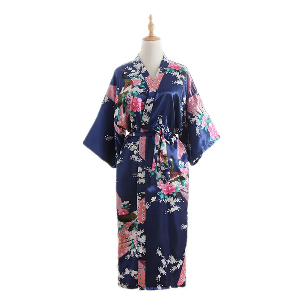Women Long Robe Print Flower Peacock Kimono Bathrobe Gown Bride Bridesmaid Wedding Robes Sexy Sleepwear
