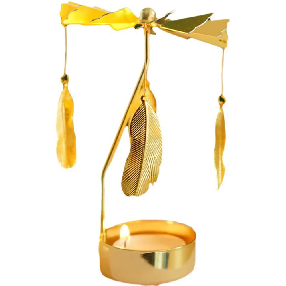 Rotating Candle Holder Metal Gold Christmas Present No Battery Heat Powered Spinning Carousel for Home Desk Counter Sweet Decor