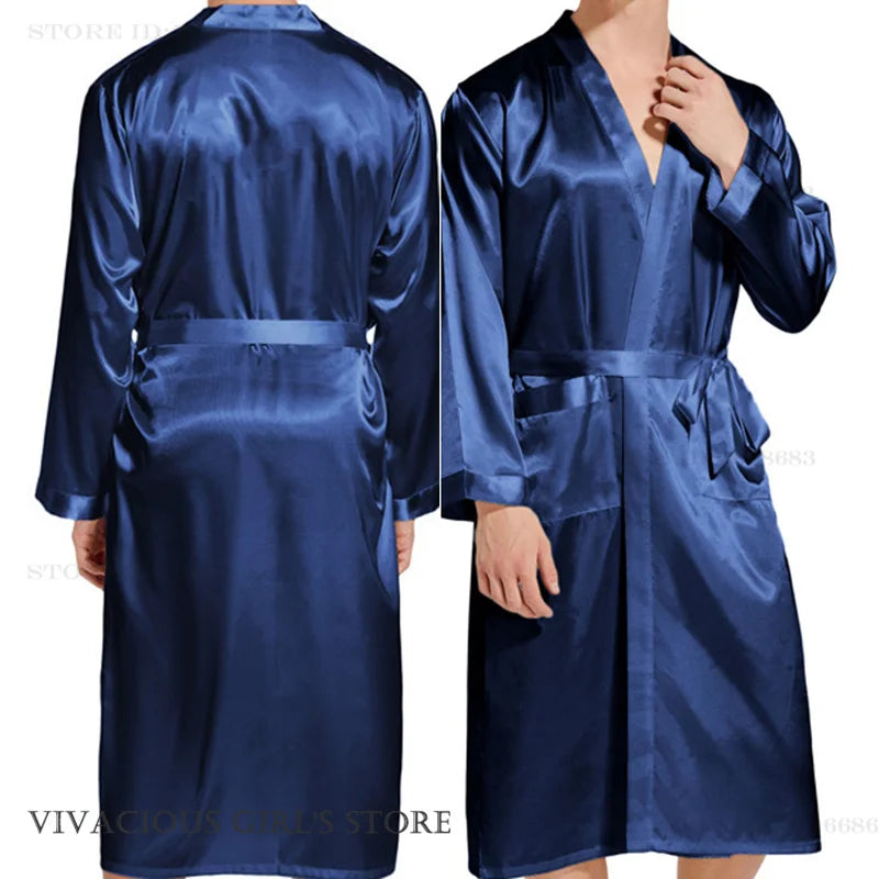 Men Long Bathrobe Sleepwear Navy Blue Silk Satin Bridegroom Wedding Robe Kimono Gown Spring Summer Home Clothes Loungewear