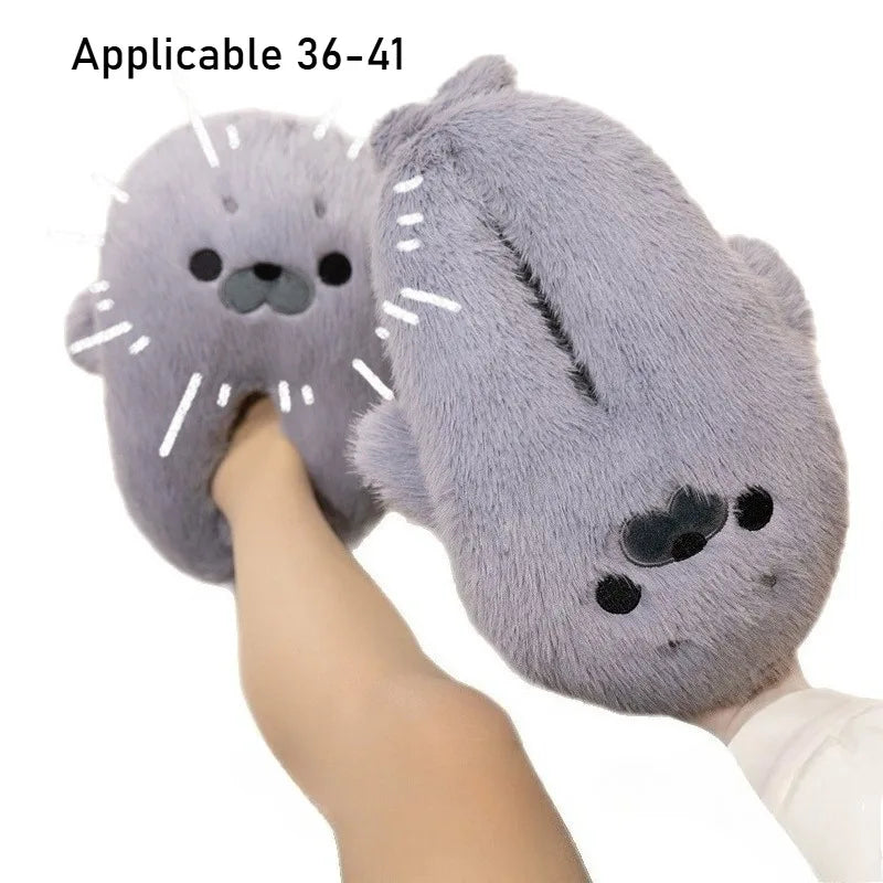 Winter Home Slippers for Couples Warm Plush Neutral Cartoon Seal Indoor Anti Slip Comfortable Cotton Slippers for Men and Women