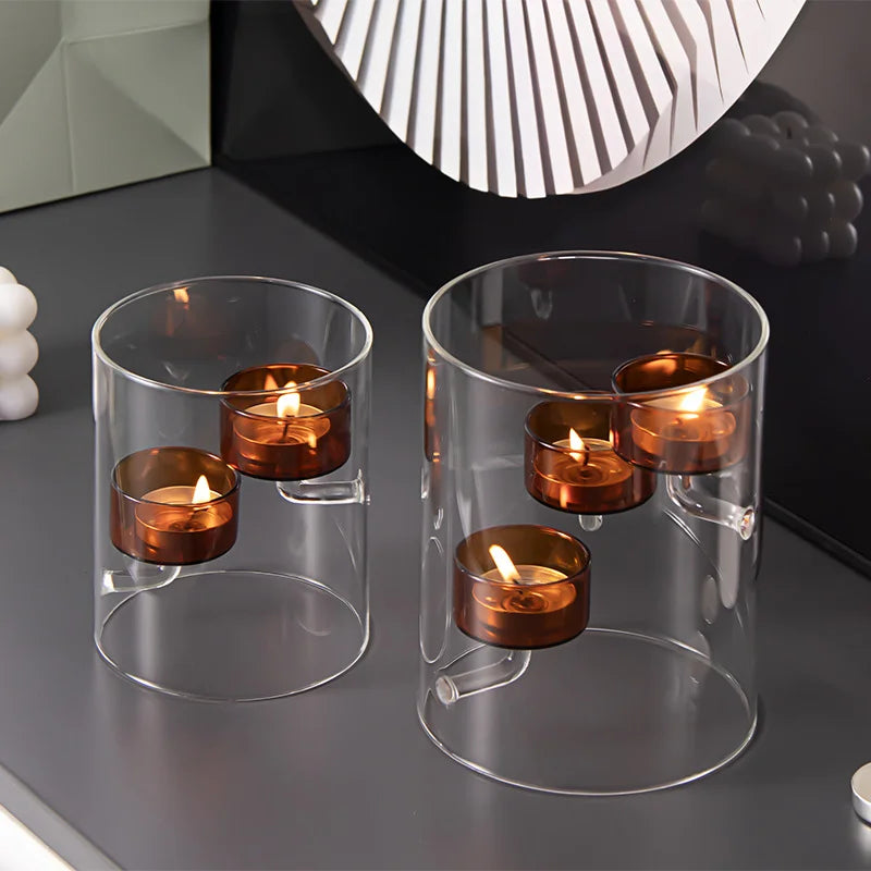 Glass Candle Holder Cylinder Hurricane Candleholder Artistic Tealight Containers for Wedding Party Desktop Room Home Decorations