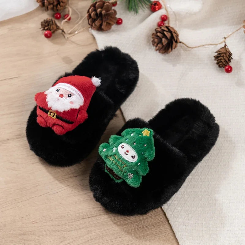 2025 Winter New Kids Warm Slippers Santa Claus Cute Children Cross Plush Shoes Christmas Gift Girls Casual Shoes Soft Bottom